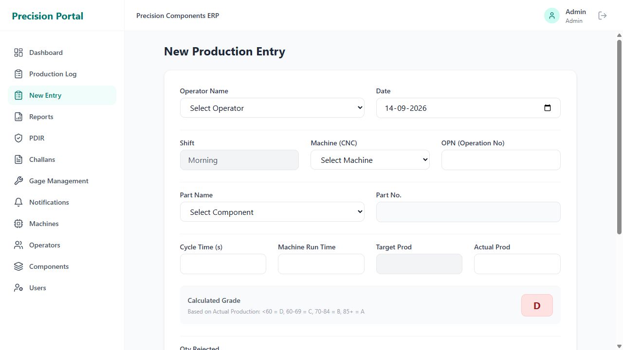 Precision Components ERP: Production workspace